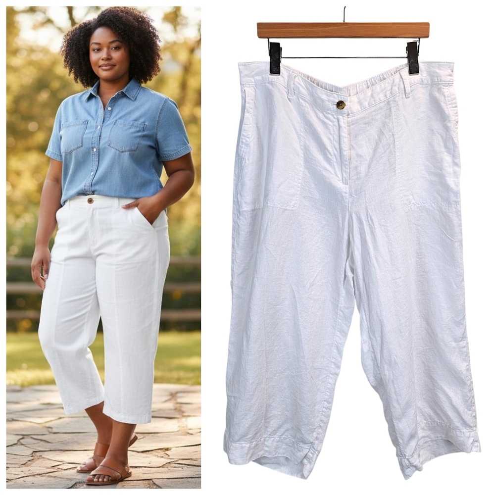J.Jill Love Linen White Cropped Pants 100% Linen Pull-On Relaxed Fit XL Coastal